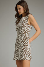 Ecru Zebra Print Mini Dress with Side Pockets and Should Detail