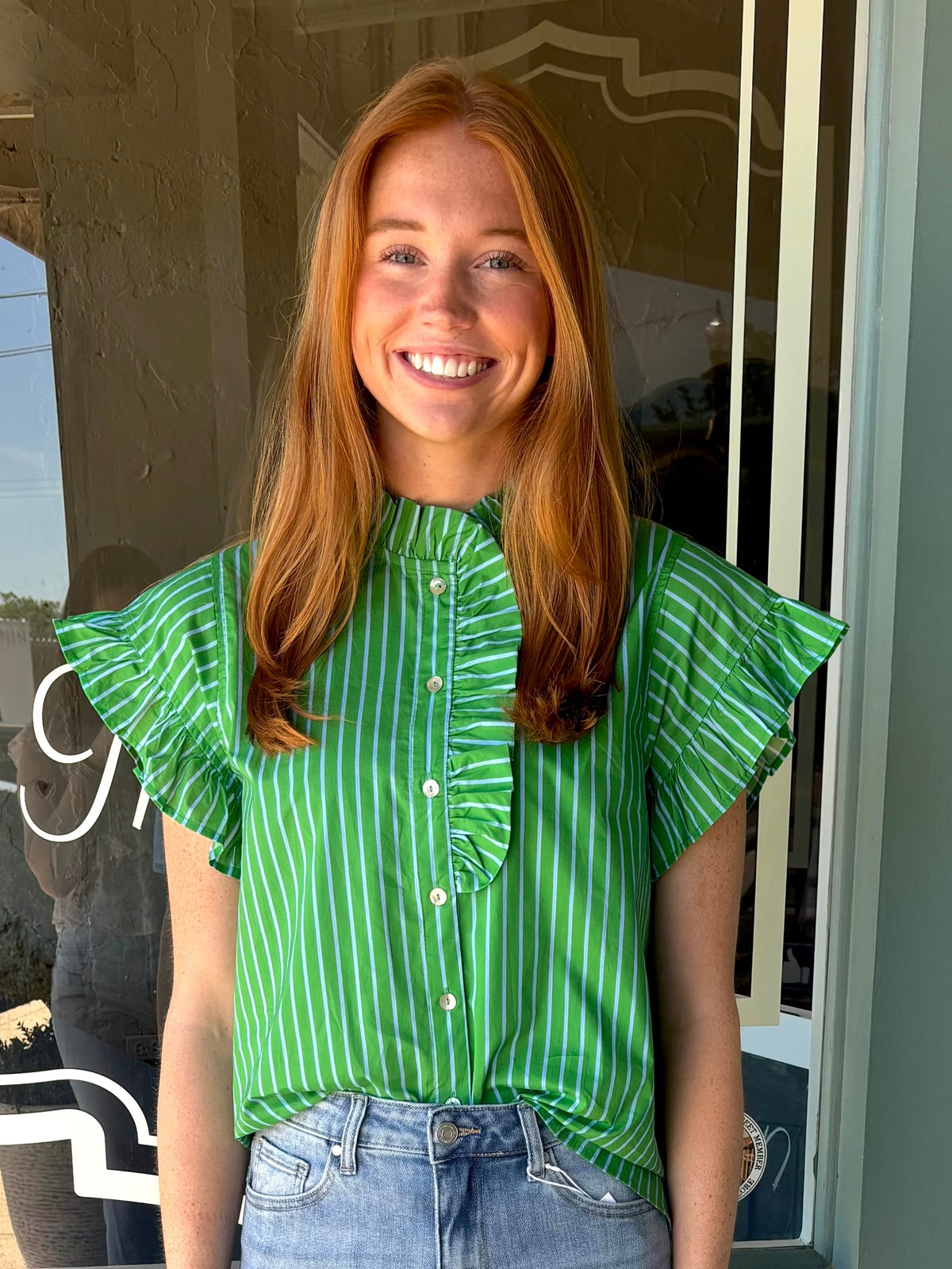 Saylor Green/Blue Striped Ruffle Detail Button Down Top