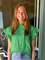 Saylor Green/Blue Striped Ruffle Detail Button Down Top