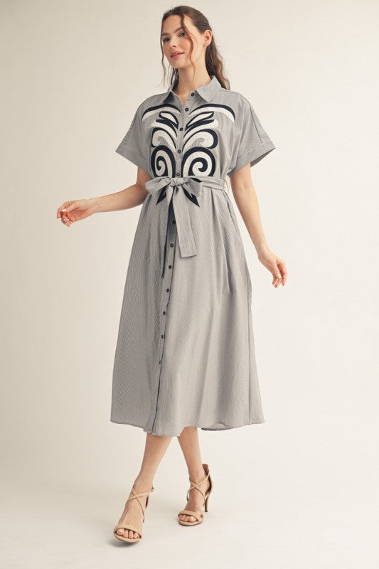 APPILQUE DETAIL BUTTON DOWN PINSTRIPE MIDI DRESS