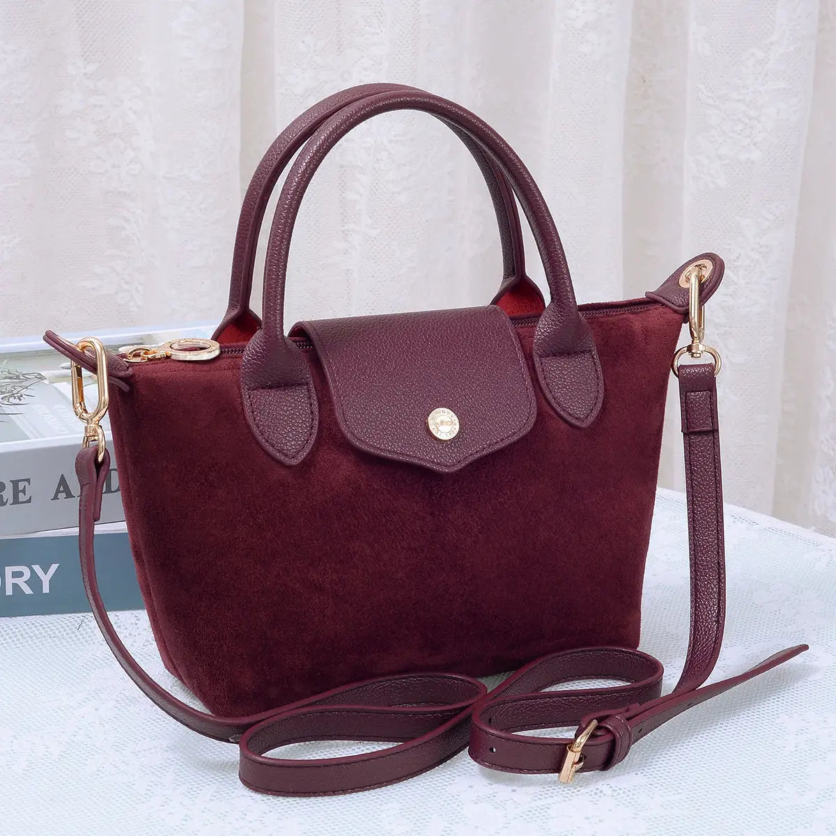 Britney Suede Double Handle Crossbody Bag - Taupe, Camel, Olive or Maroon