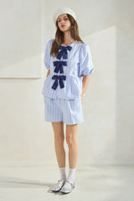 Waterford Striped Top & Shorts SET with Navy Bow Tie Accents