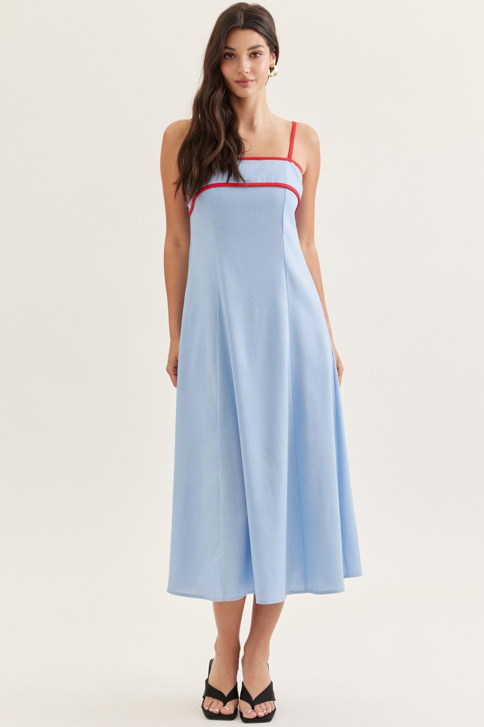 Nina Solid Blue Midi with Red Piping Contrast