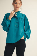 Fiona Ruffle Accent Texture Top- Teal
