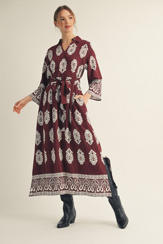 Vivian Damask Print Midi with Waist Tie