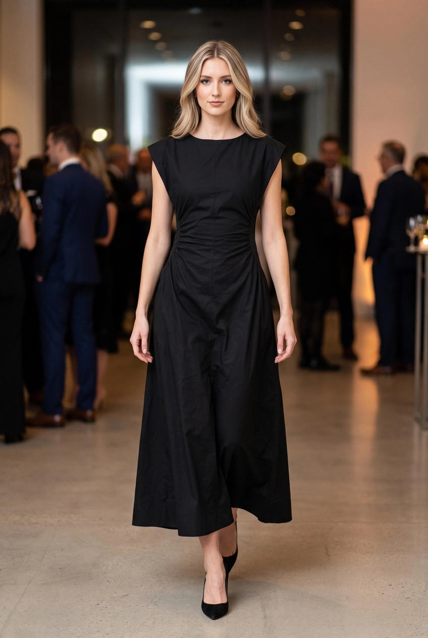 Diana Ruched Waist Midi Dress- Black