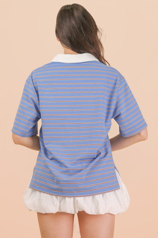 Blue and Brown Striped Polo Style Top