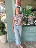 Maroon Floral Print Top with Ruffle Sleeve