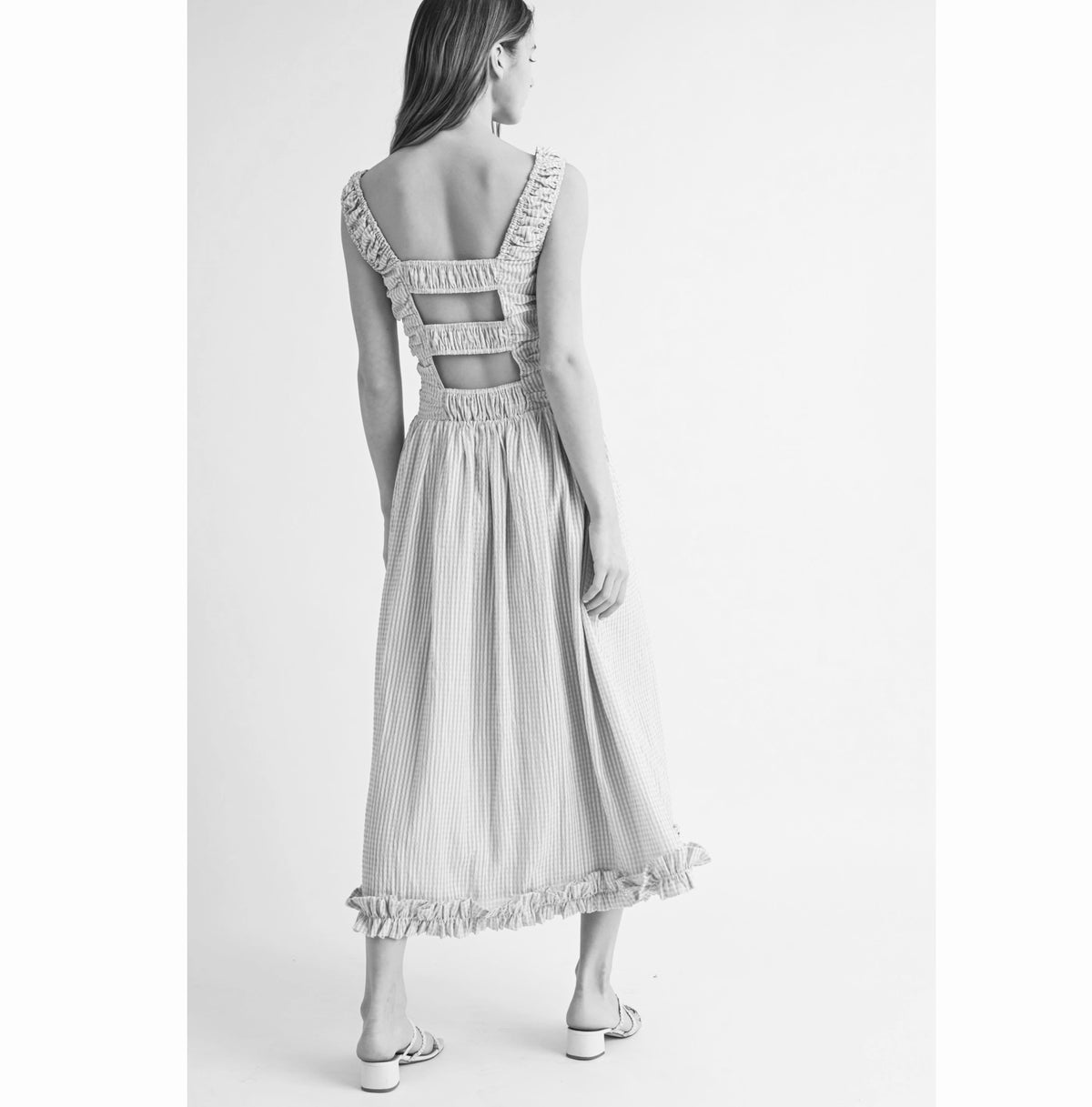 Lilac Square Neck Smocked Bodice Midi Dress with Double Smocked Open Back Straps