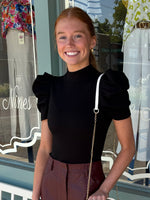 Black Puff Shoulder Ribbed Body Suit