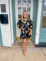 NAVY MINI DRESS WITH 3/4 SLEEVE AND FLORAL PATTERN