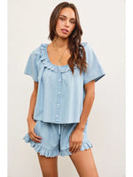 Ruffle Scoop Neck Denim Top