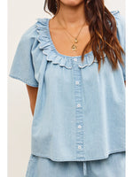 Ruffle Scoop Neck Denim Top