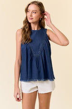 Tencel Chambray Round Neck Shirred Swing Tank