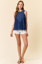 Tencel Chambray Round Neck Shirred Swing Tank