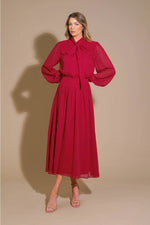 Solid Woven Midi Dress featuring a High Neckline with Self Tie