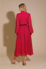 Solid Woven Midi Dress featuring a High Neckline with Self Tie