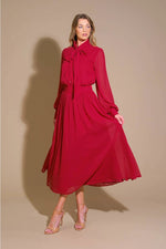 Solid Woven Midi Dress featuring a High Neckline with Self Tie