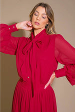 Solid Woven Midi Dress featuring a High Neckline with Self Tie