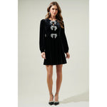 Glow Bow Puff Sleeve Velvet Mini Dress-*XS-XL