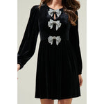 Glow Bow Puff Sleeve Velvet Mini Dress-*XS-XL