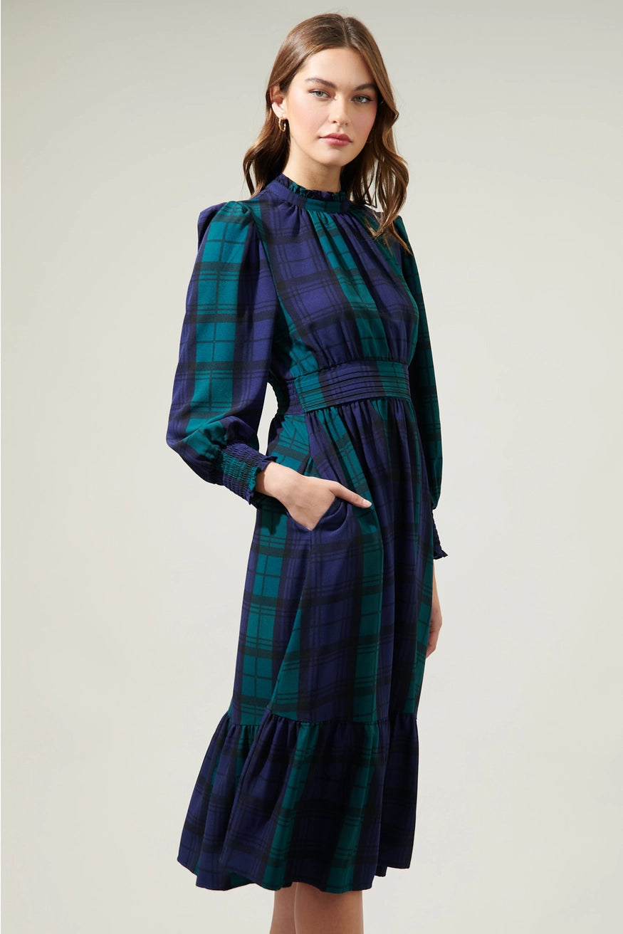 Hudson Plaid Caitlyn Smock Sleeve Midi Dress