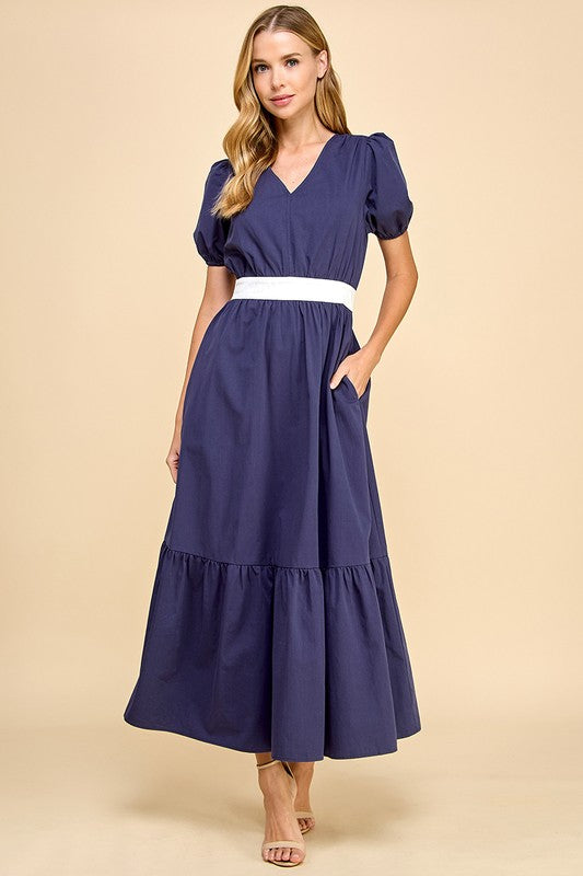 Lyla Contrast Waist Band Tie Back Midi - Navy/White