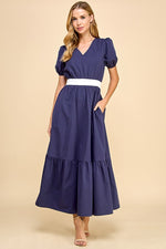 Lyla Contrast Waist Band Tie Back Midi - Navy/White