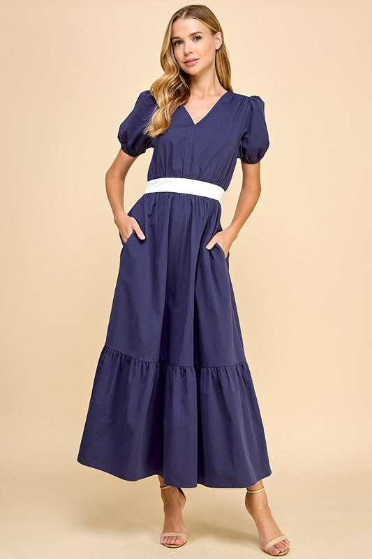 Lyla Contrast Waist Band Tie Back Midi - Navy/White