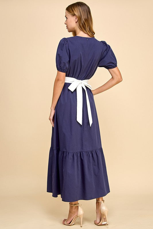 Lyla Contrast Waist Band Tie Back Midi - Navy/White