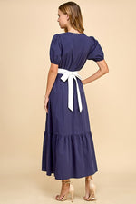 Lyla Contrast Waist Band Tie Back Midi - Navy/White