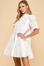 Charlotte Button Up Pin Tuck Detail Short Puff Sleeve Dress