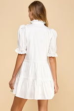 Charlotte Button Up Pin Tuck Detail Short Puff Sleeve Dress