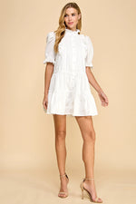 Charlotte Button Up Pin Tuck Detail Short Puff Sleeve Dress