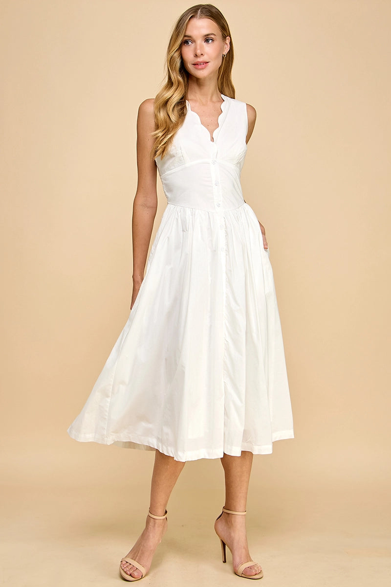 Natalie Scalloped Neckline Button Up Fit and Flare Dress