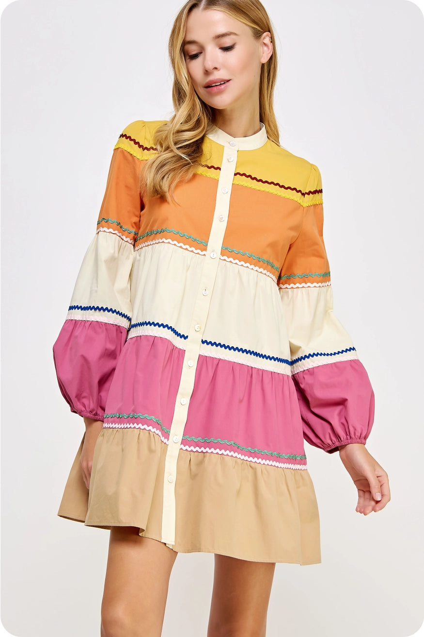 Ric-Rac Trim Color-Block Mini Shirt Dress