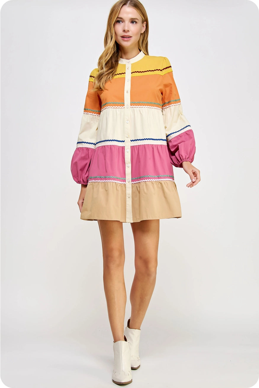 Ric-Rac Trim Color-Block Mini Shirt Dress