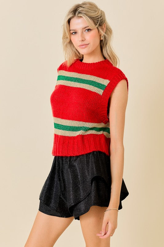 Sleeveless Sweater Top with Tinsel Stripes