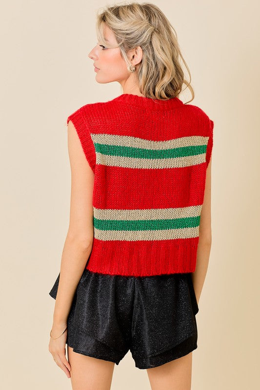 Sleeveless Sweater Top with Tinsel Stripes