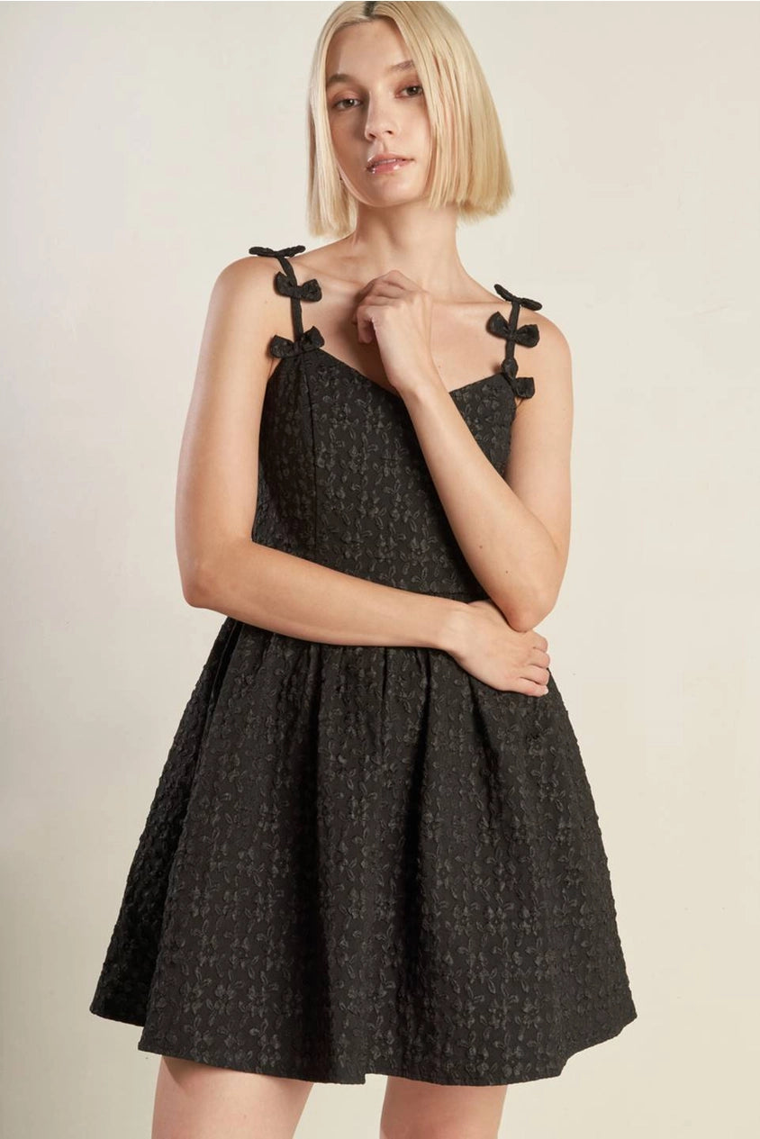 Cora Black Textured Mini Dress with Strap Detail
