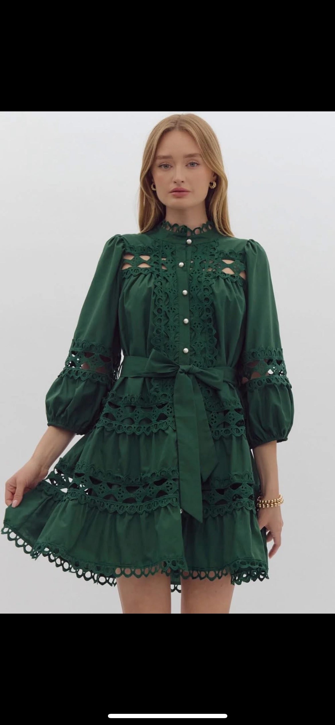 Hunter Green Pearl Button Down Mini Dress with Gorgeous Lace Detail