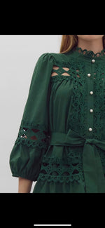 Hunter Green Pearl Button Down Mini Dress with Gorgeous Lace Detail
