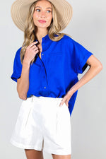 Collared Roll-Up Sleeve Pocket Detail Linen Blouse