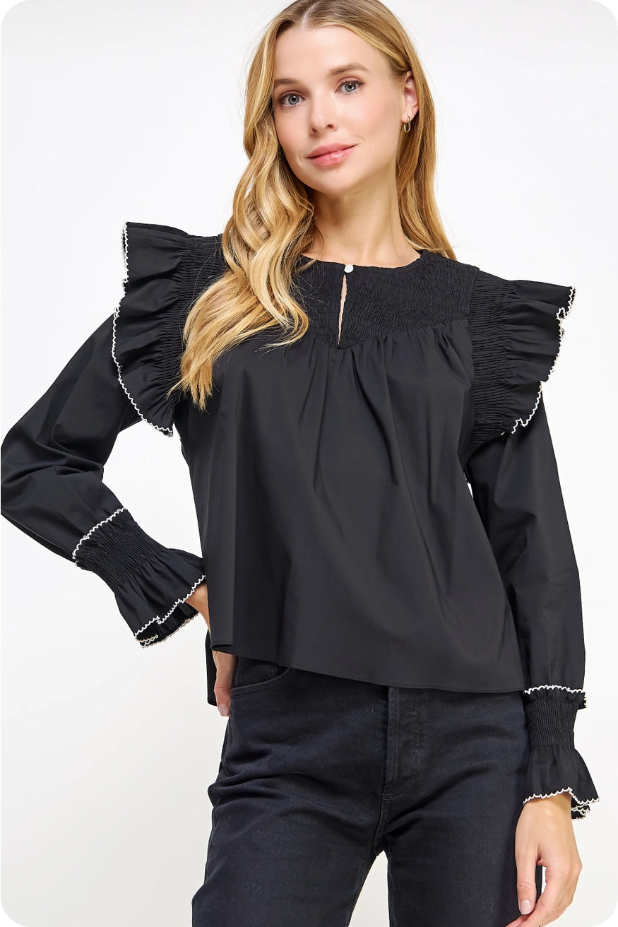 Contrast Edge Detail Ruffled Long Sleeve Top