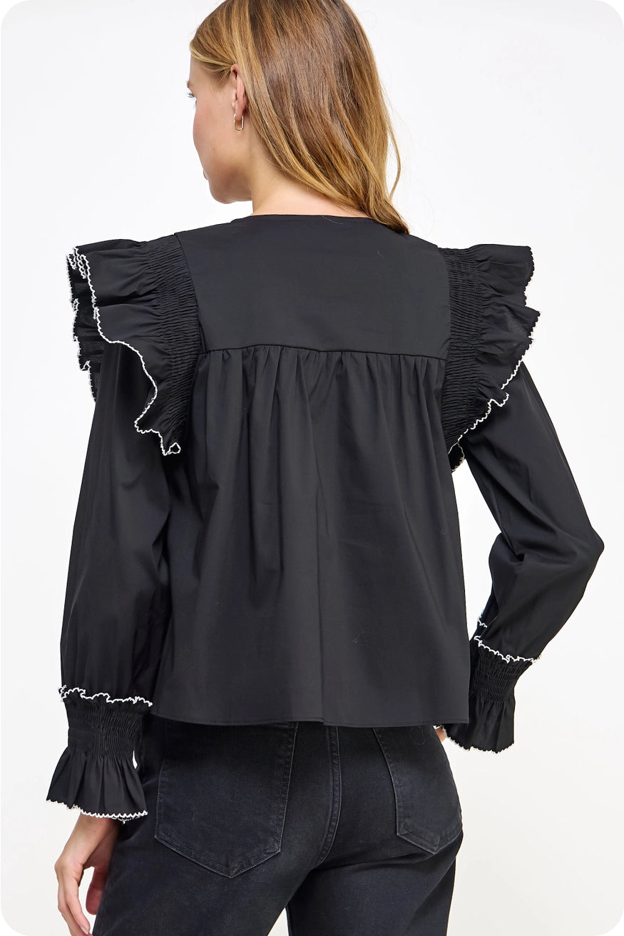 Contrast Edge Detail Ruffled Long Sleeve Top