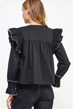 Contrast Edge Detail Ruffled Long Sleeve Top