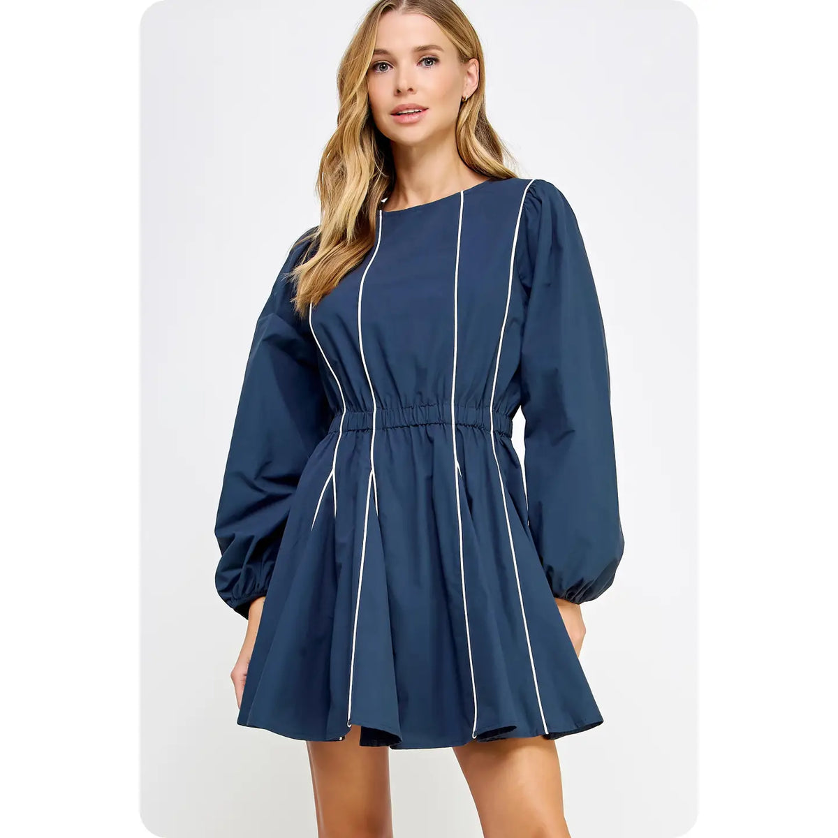 Contrast Piping Detail Mini Dress- Navy/White