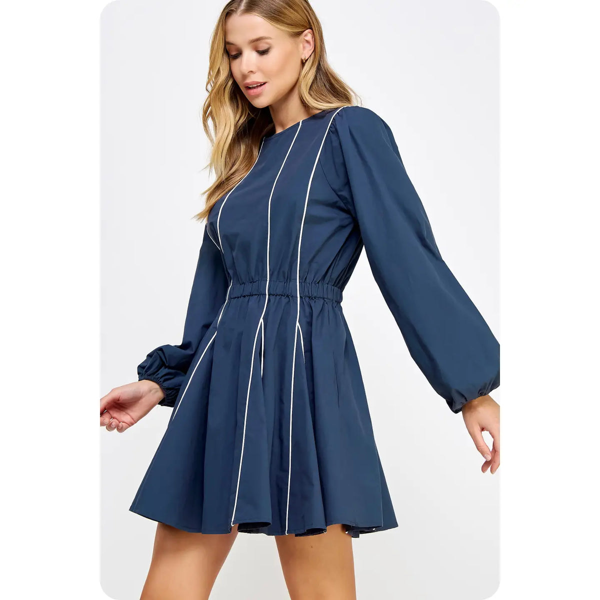 Contrast Piping Detail Mini Dress- Navy/White