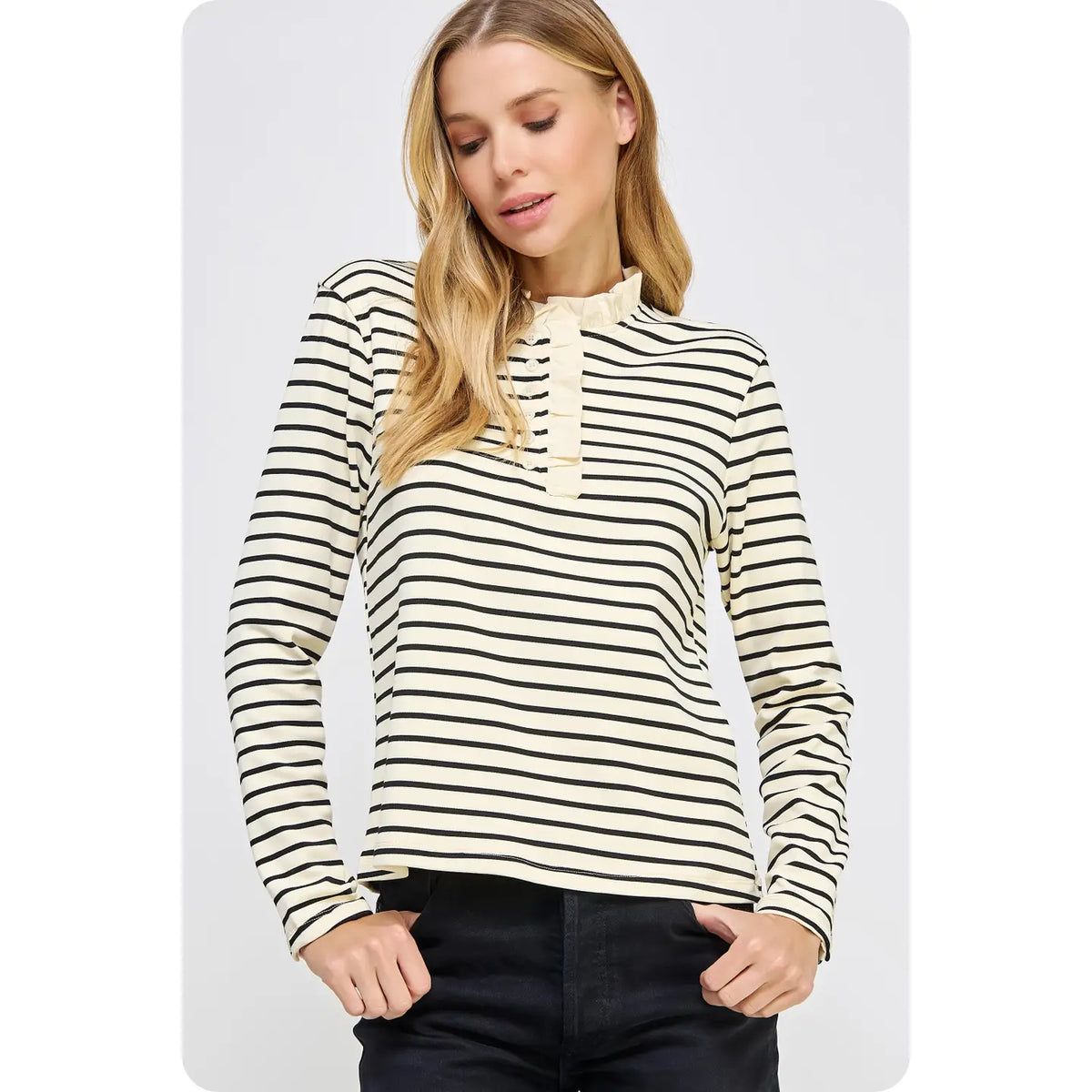 Striped Knit Ruffled Detail Polo Top - Cream/Black