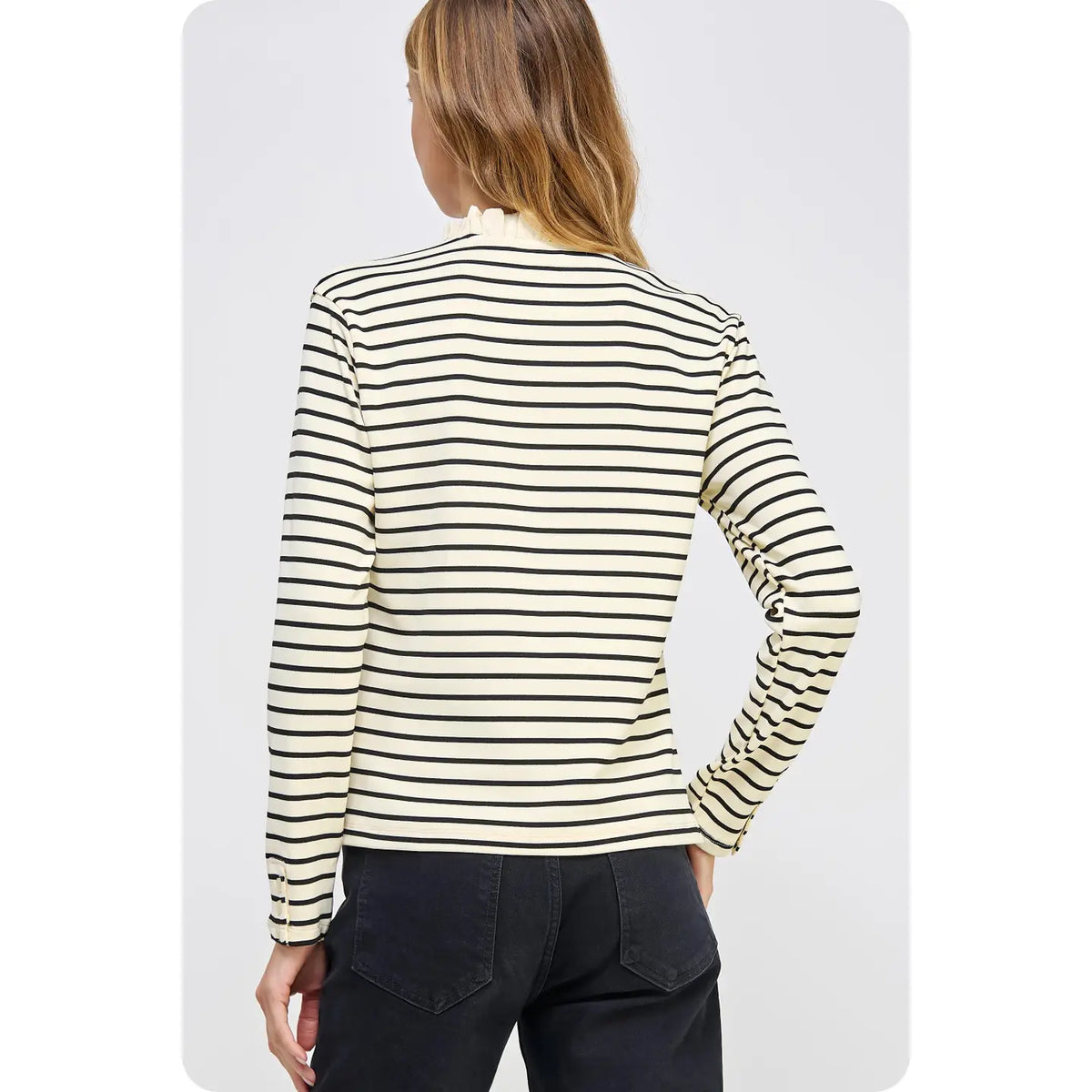 Striped Knit Ruffled Detail Polo Top - Cream/Black